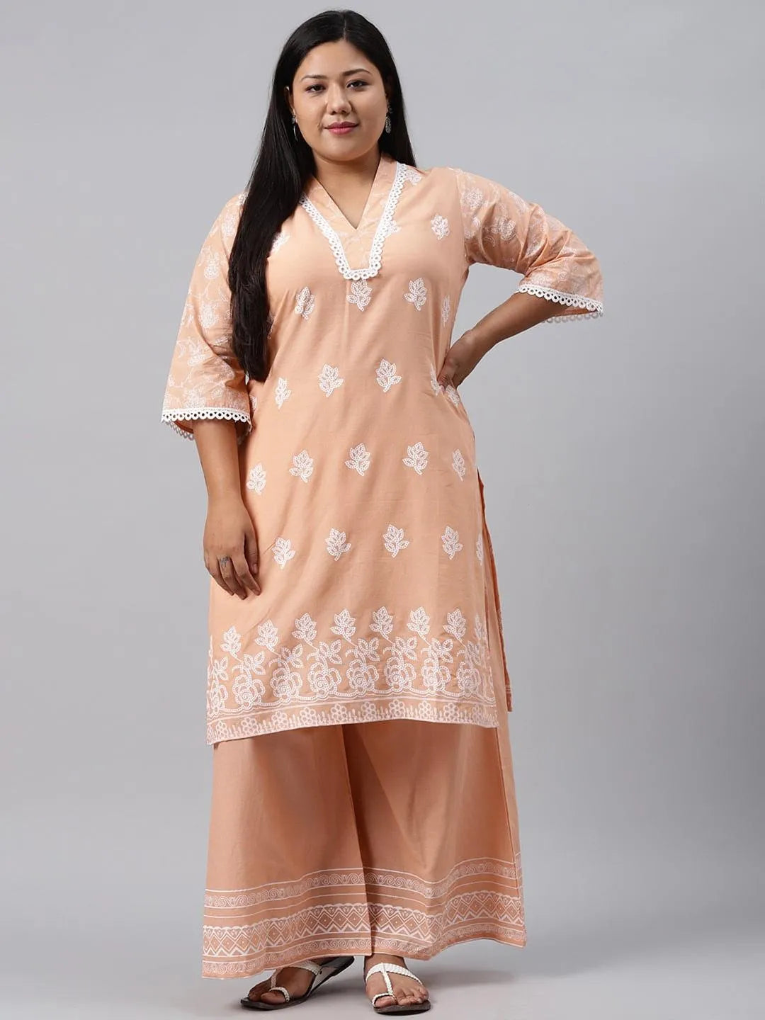 Plus Size Peach Printed Cotton Kurta - Libas 