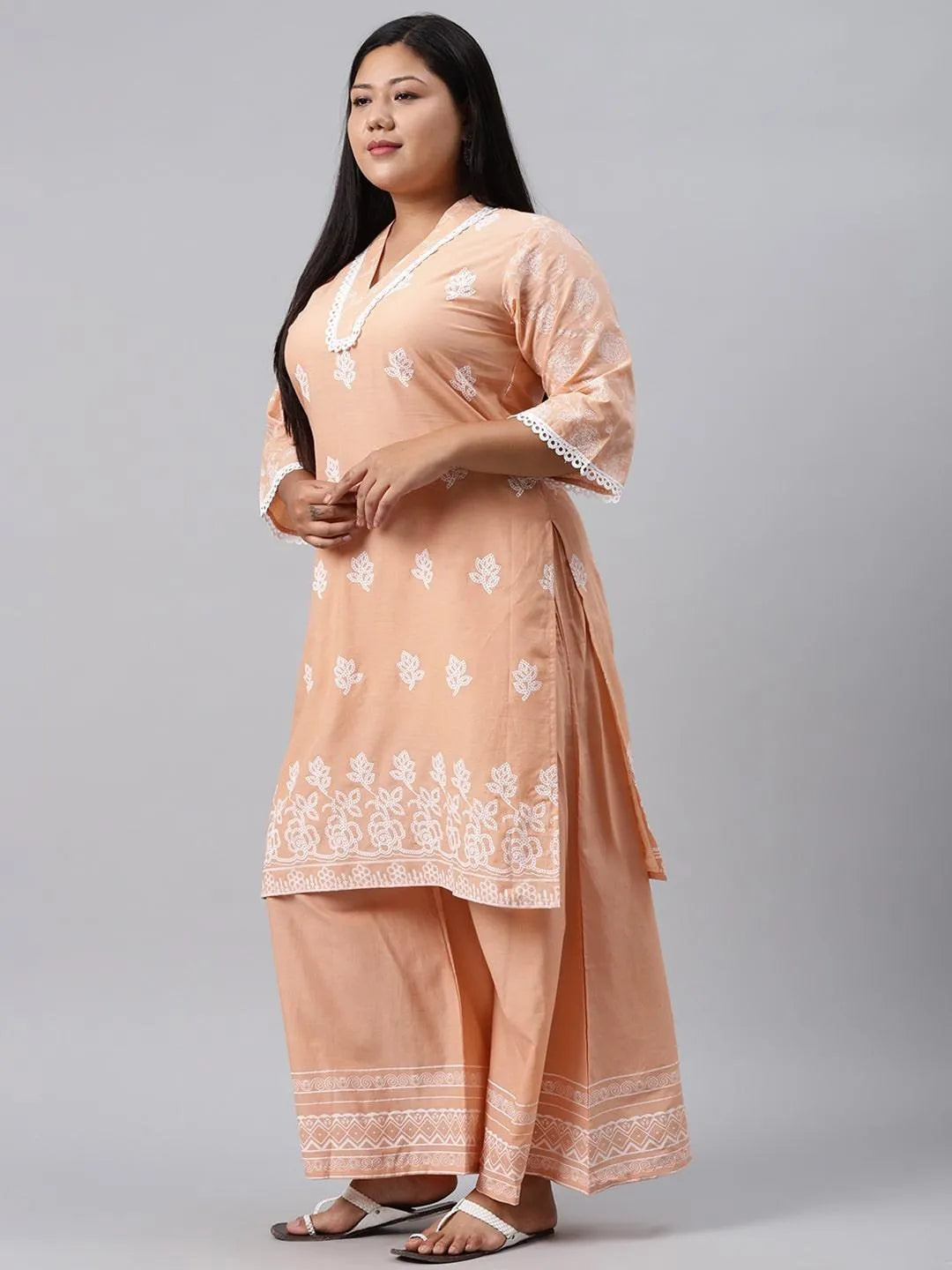 Plus Size Peach Printed Cotton Kurta - Libas 