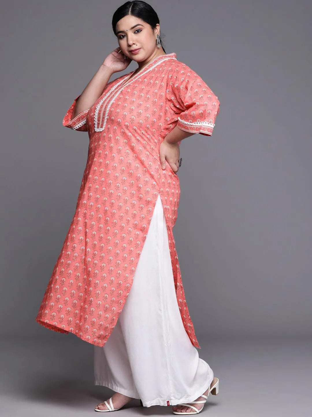 Plus Size Peach Printed Cotton Kurta - Libas