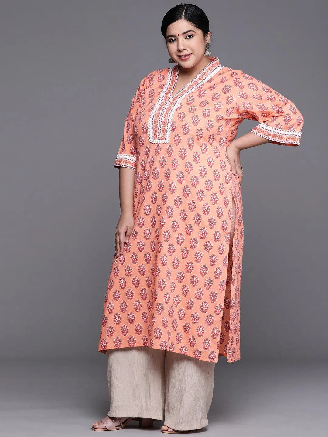 Plus Size Peach Printed Cotton Kurta - Libas