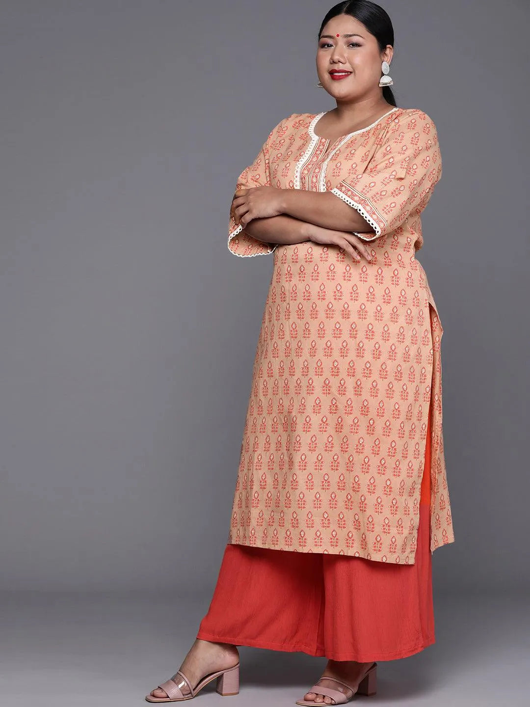 Plus Size Peach Printed Cotton Kurta - Libas 