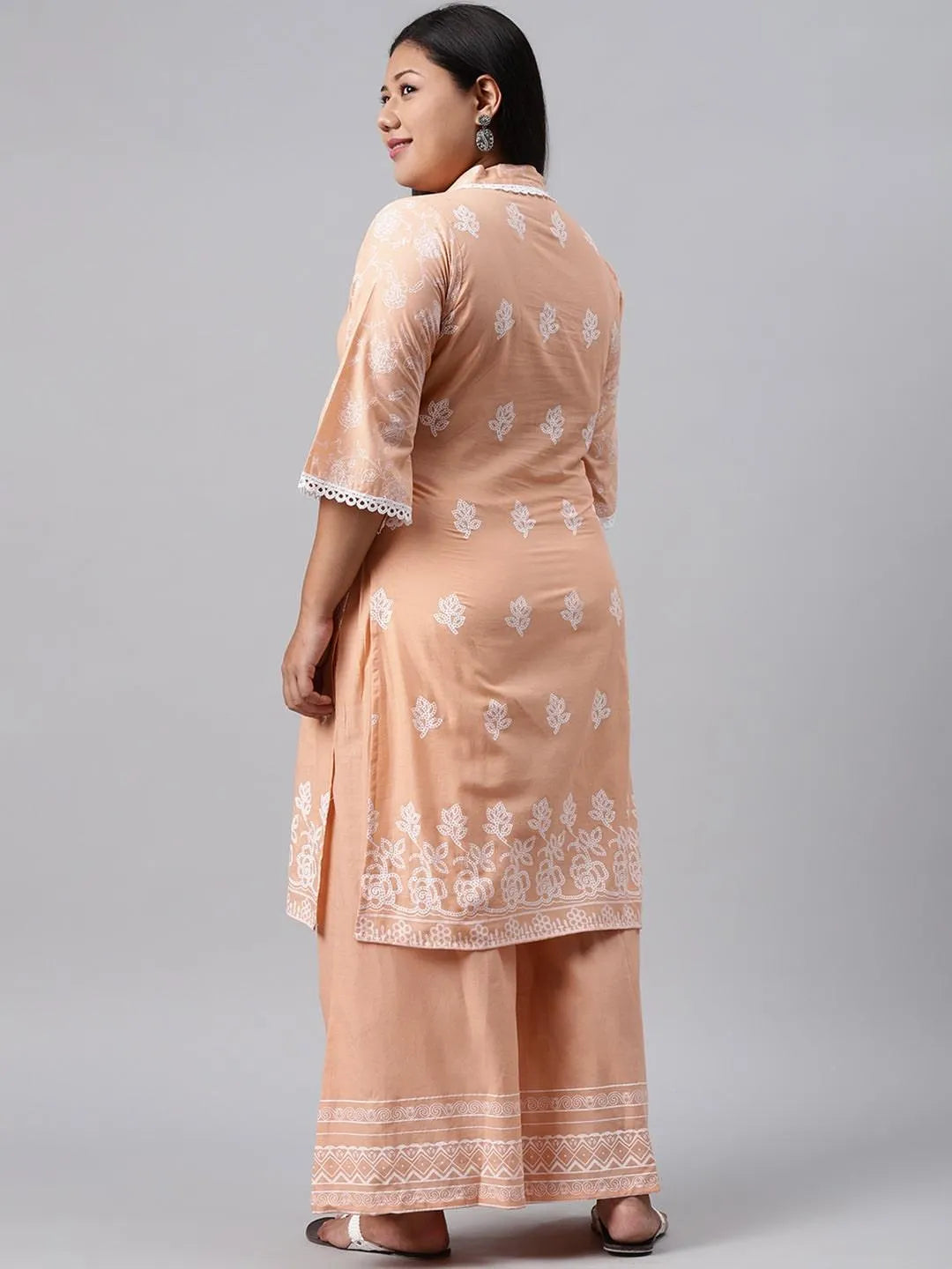 Plus Size Peach Printed Cotton Kurta - Libas 