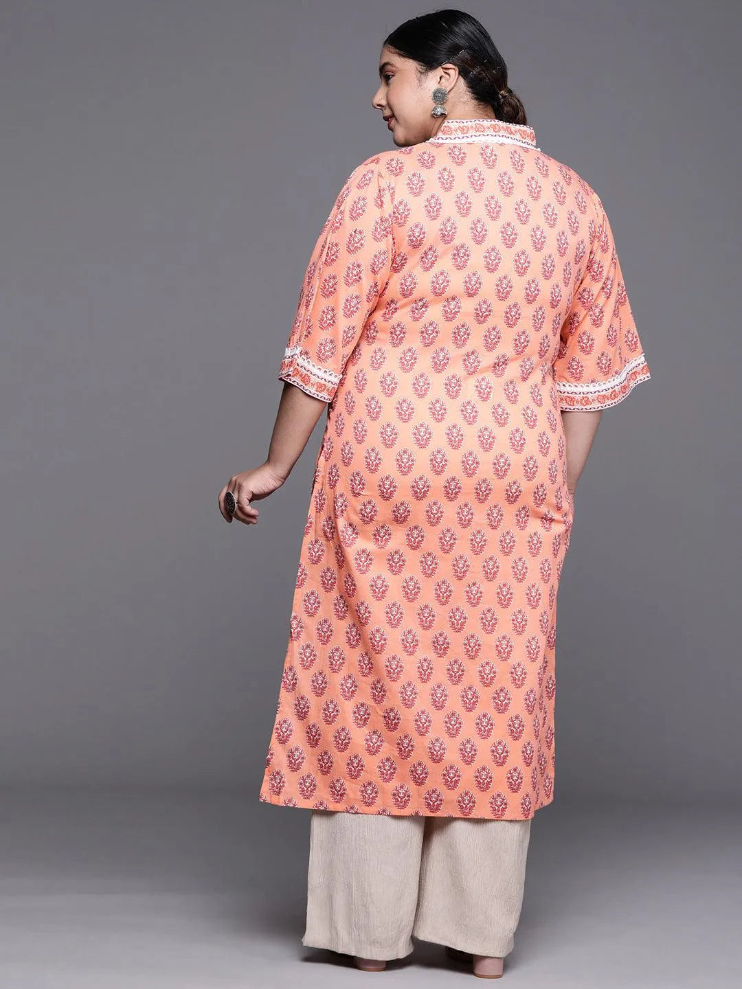 Plus Size Peach Printed Cotton Kurta - Libas