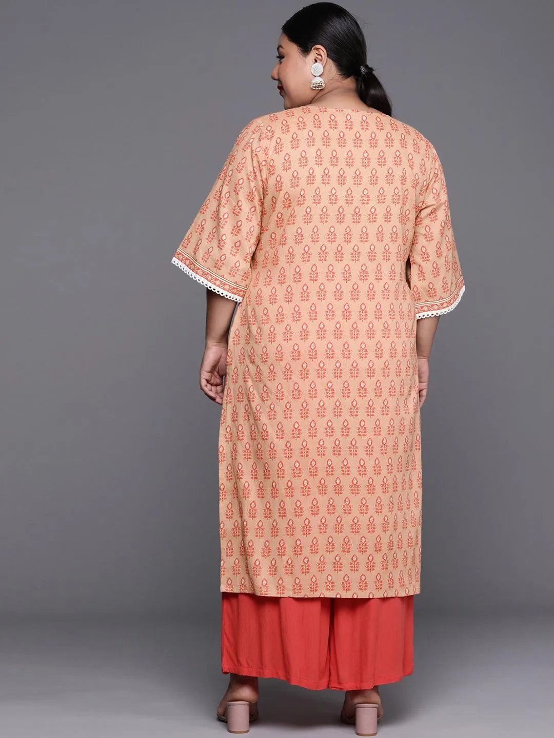 Plus Size Peach Printed Cotton Kurta - Libas