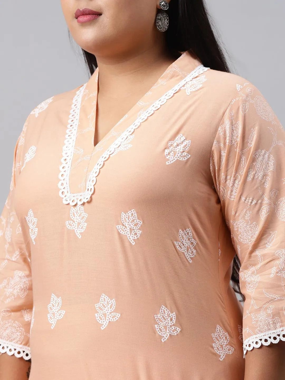 Plus Size Peach Printed Cotton Kurta - Libas 