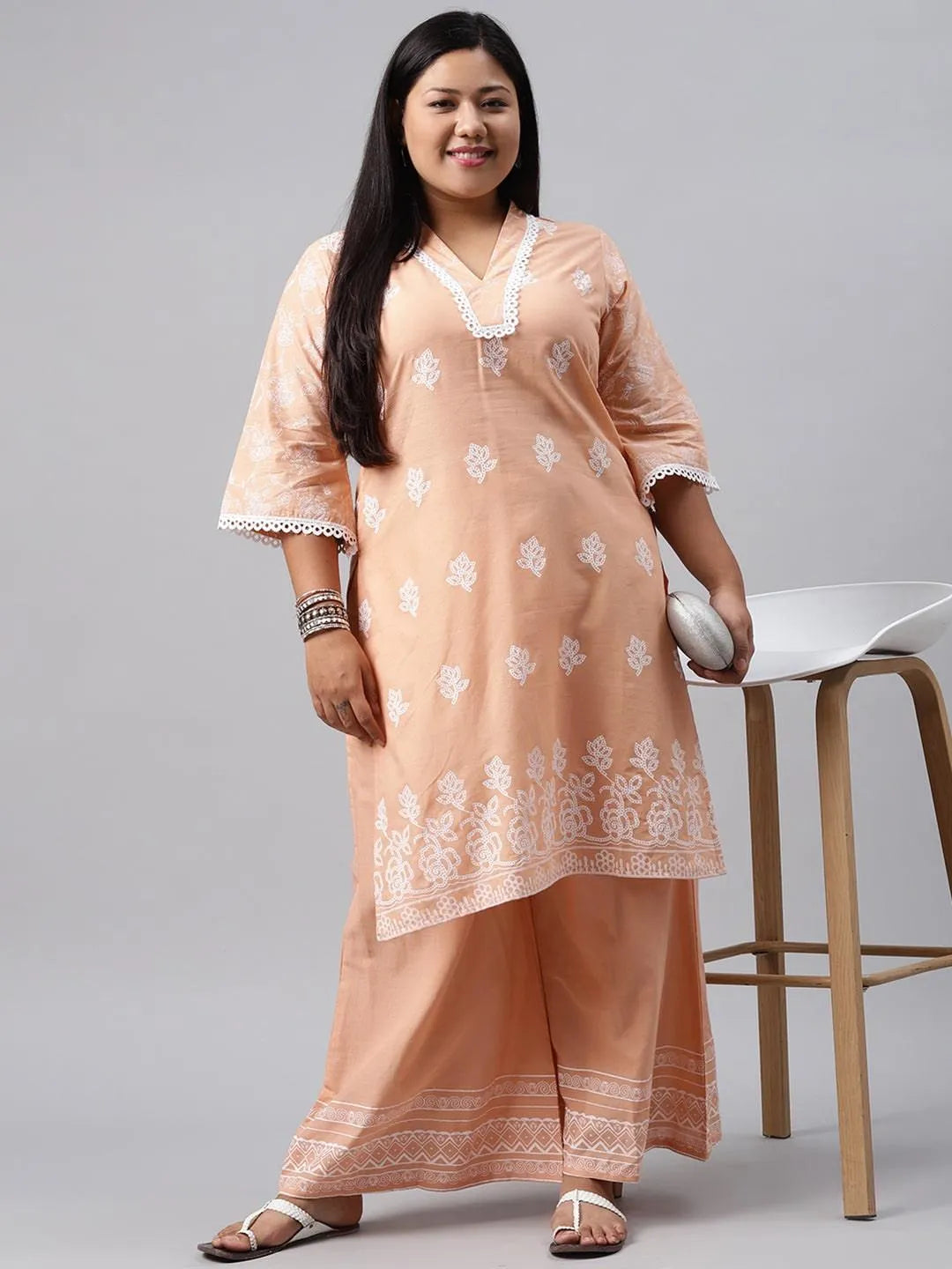 Plus Size Peach Printed Cotton Kurta - Libas 