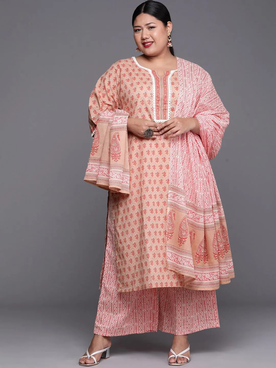 Plus Size Peach Printed Cotton Suit Set - Libas