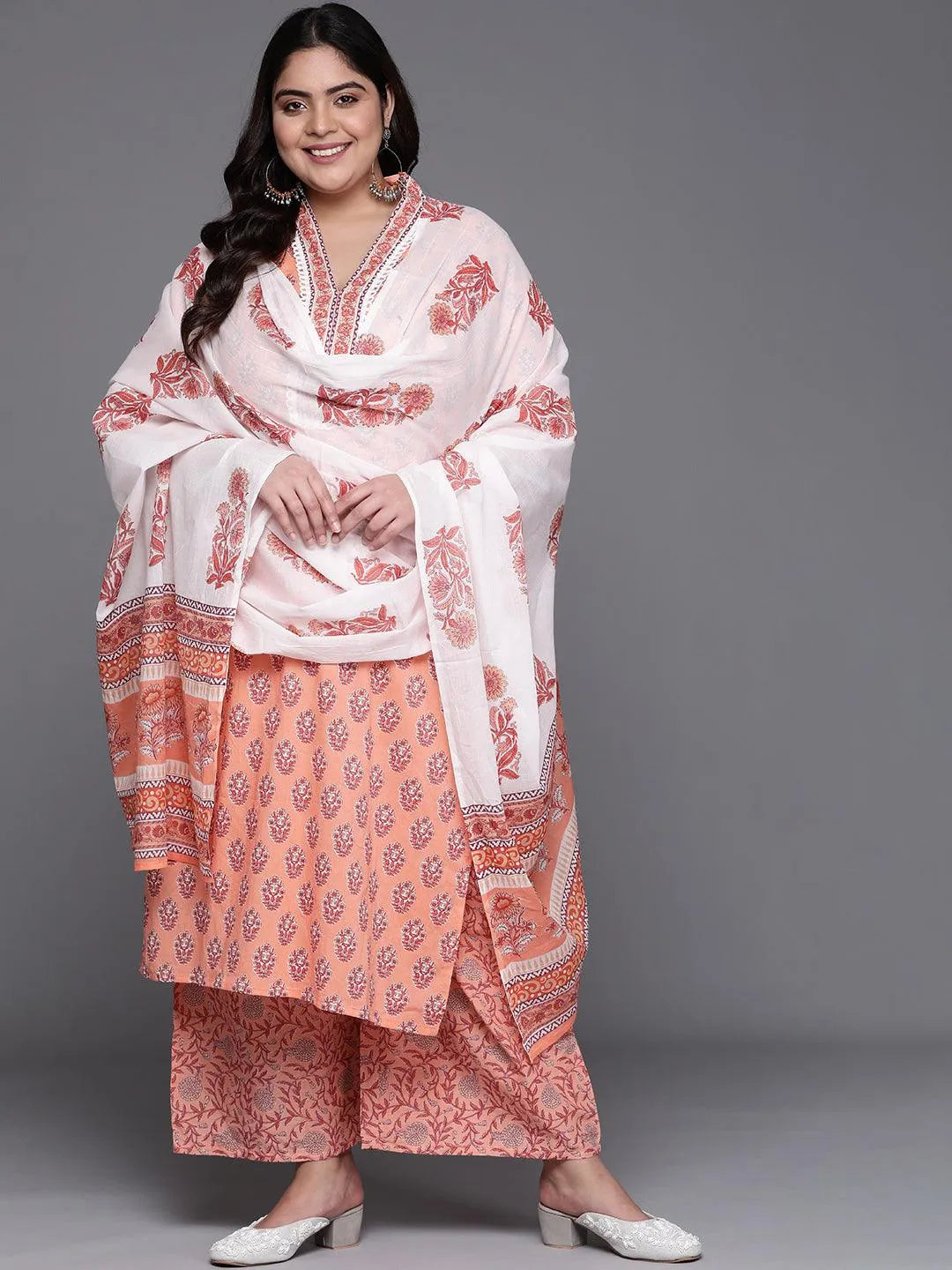 Plus Size Peach Printed Cotton Suit Set - Libas 