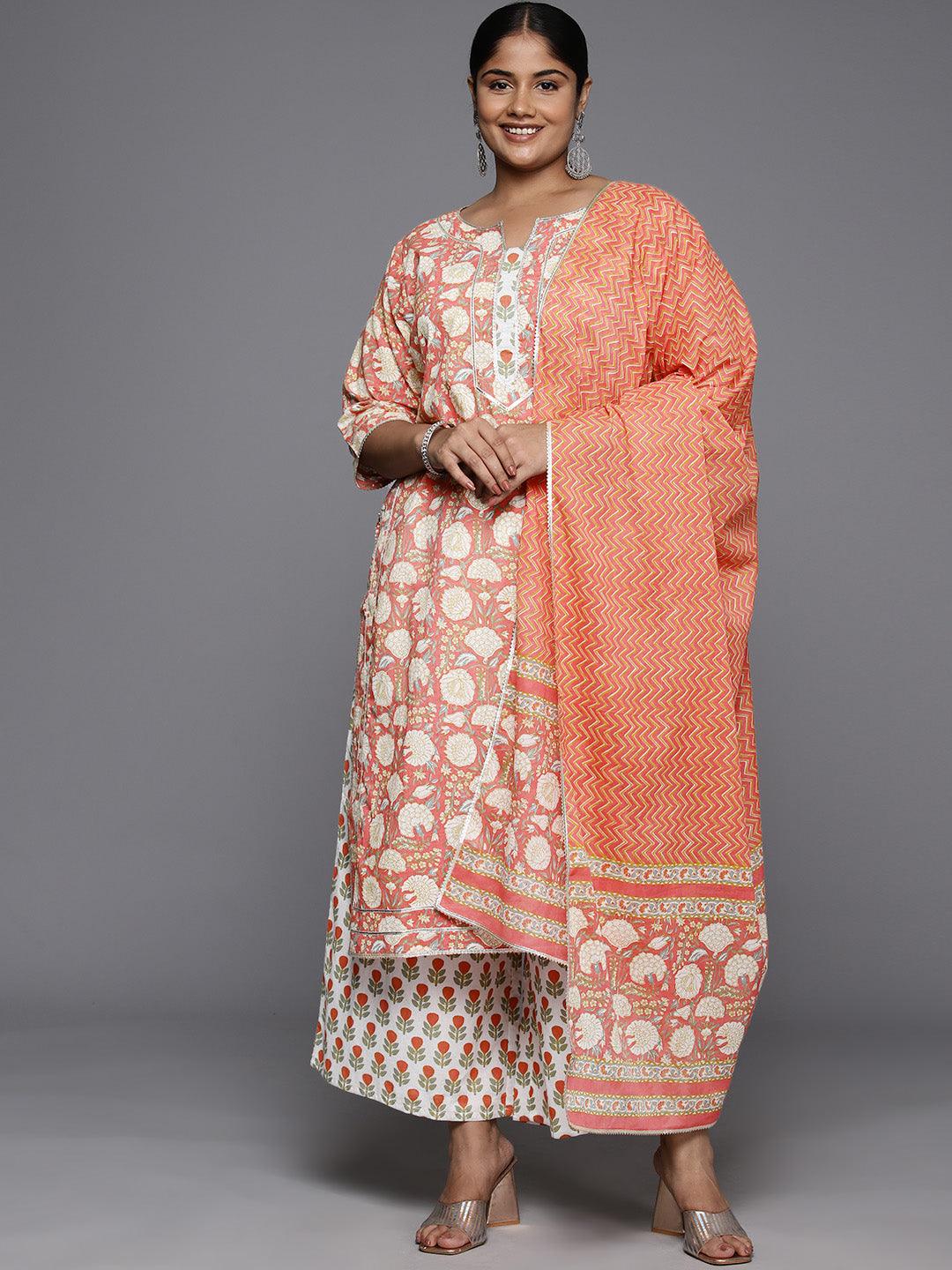 Plus Size Peach Printed Cotton Straight Kurta With Palazzos & Dupatta - Libas