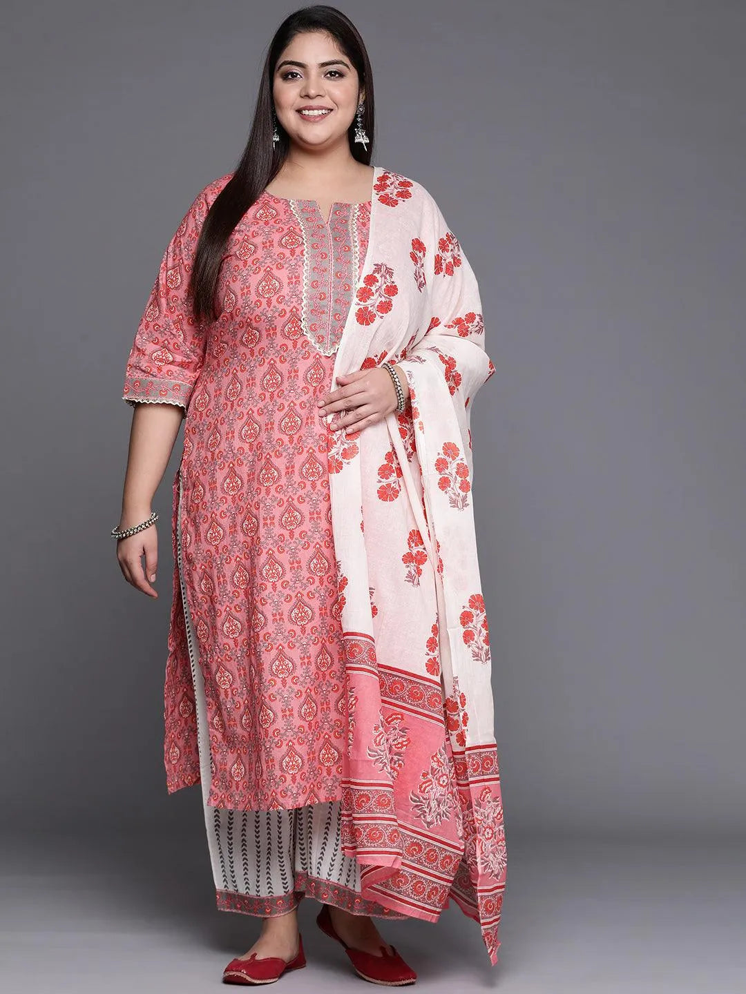 Plus Size Peach Printed Cotton Suit Set - Libas 