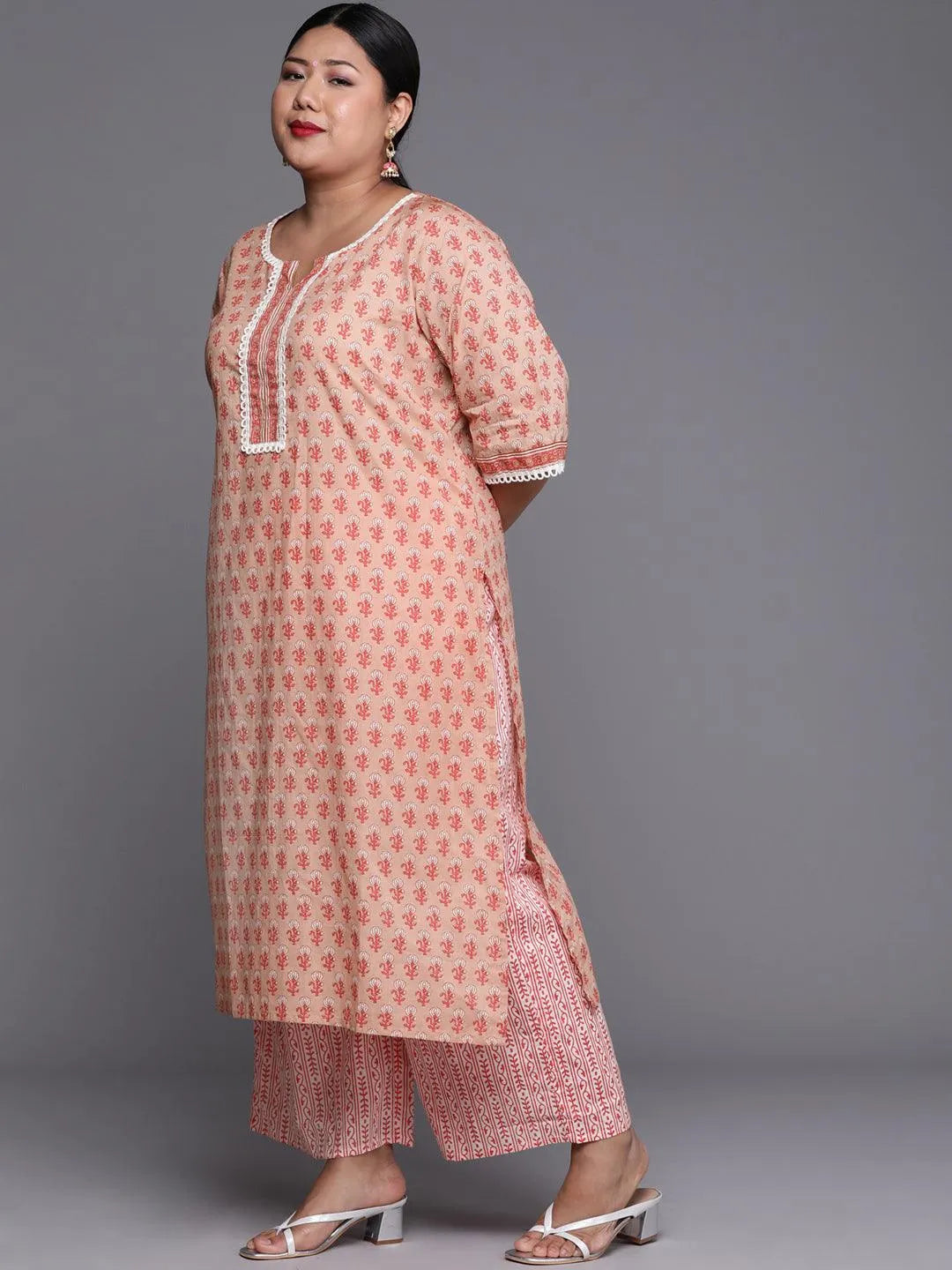 Plus Size Peach Printed Cotton Suit Set - Libas 