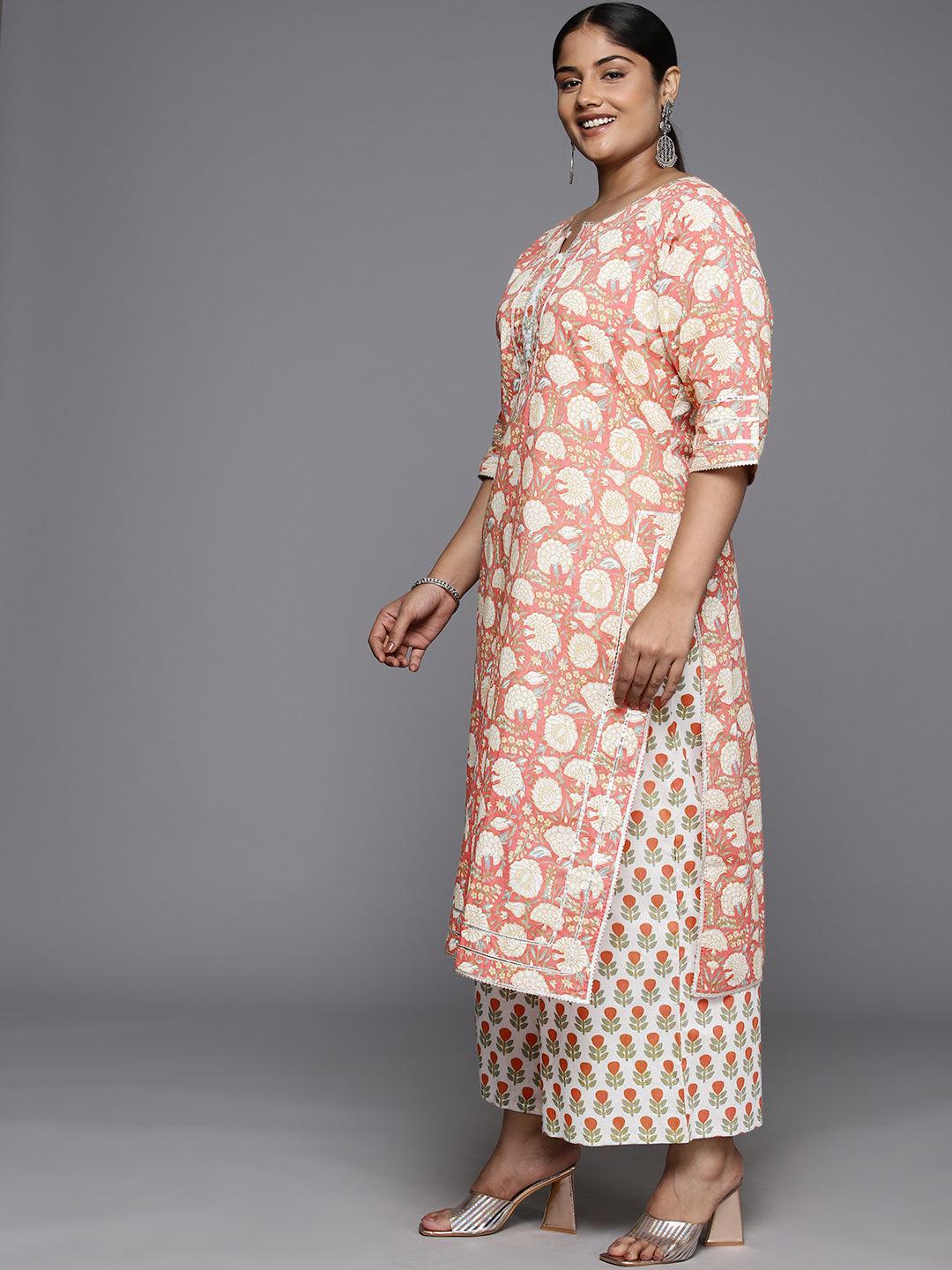 Plus Size Peach Printed Cotton Straight Kurta With Palazzos & Dupatta - Libas