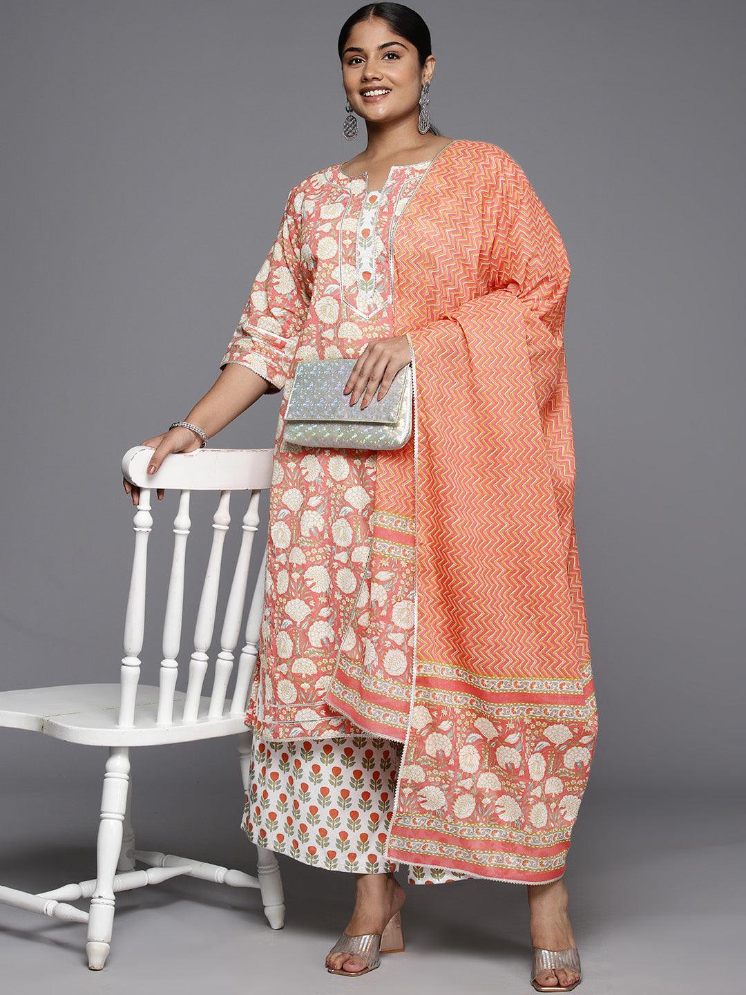 Plus Size Peach Printed Cotton Straight Kurta With Palazzos & Dupatta - Libas