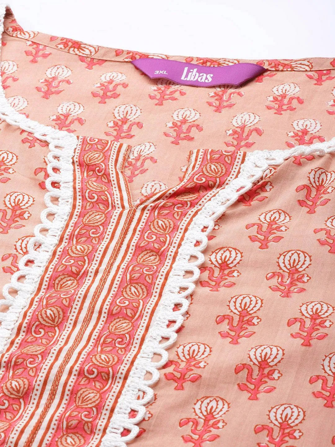 Plus Size Peach Printed Cotton Suit Set - Libas 