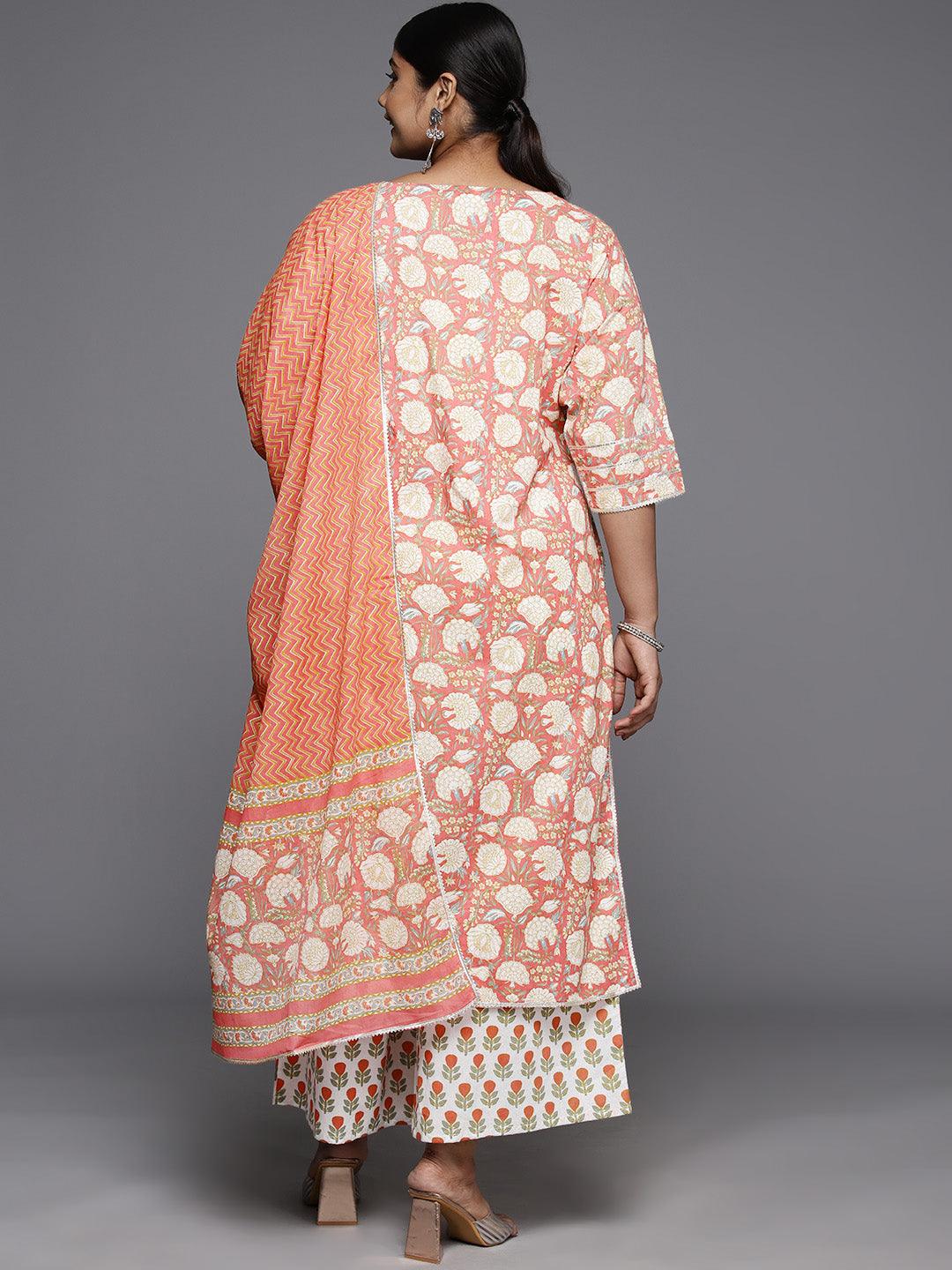 Plus Size Peach Printed Cotton Straight Kurta With Palazzos & Dupatta - Libas