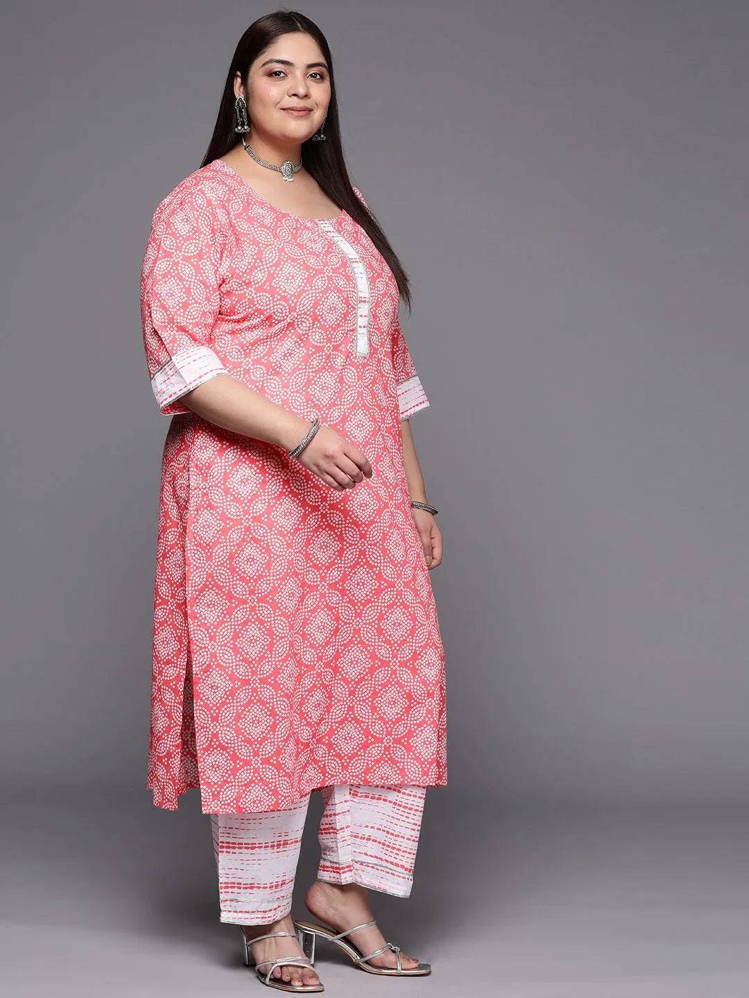 Plus Size Peach Printed Cotton Suit Set With Trousers - Libas