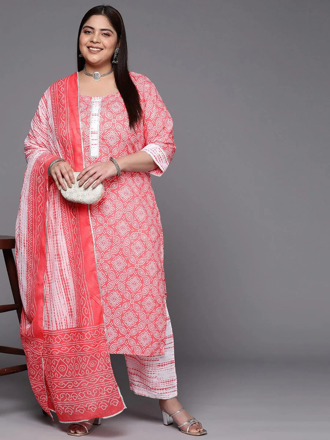 Plus Size Peach Printed Cotton Suit Set With Trousers - Libas 