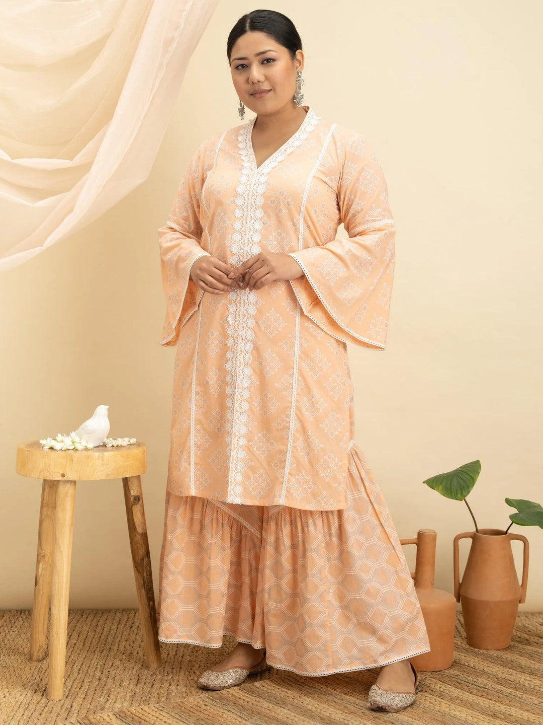 Plus Size Peach Printed Cotton Kurta Set - Libas