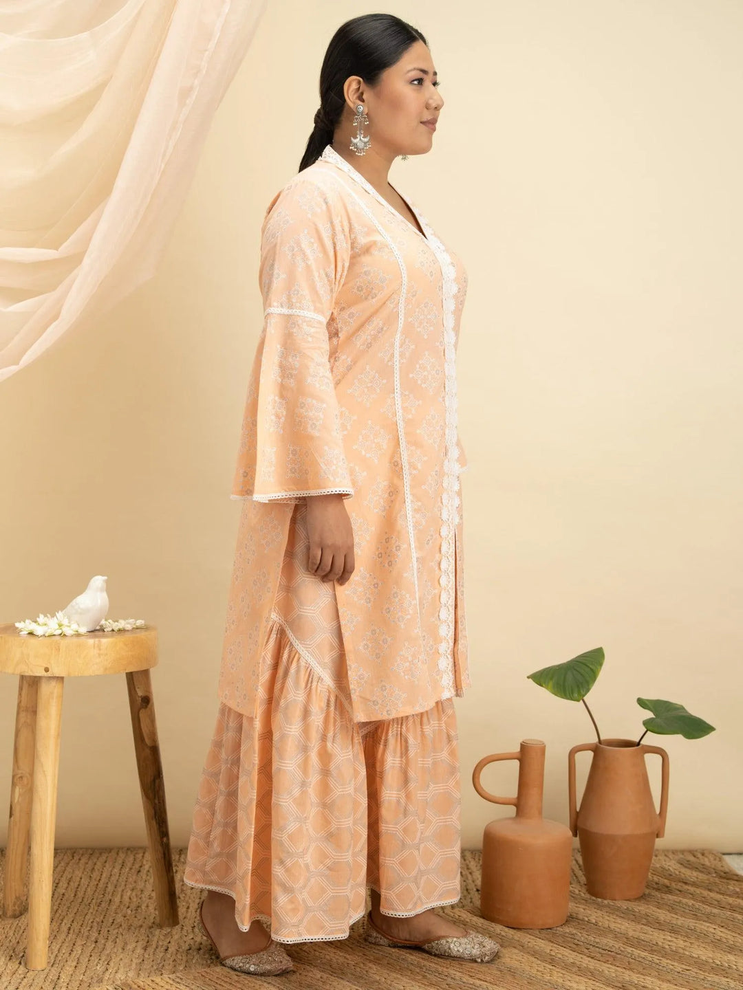 Plus Size Peach Printed Cotton Kurta Set - Libas 