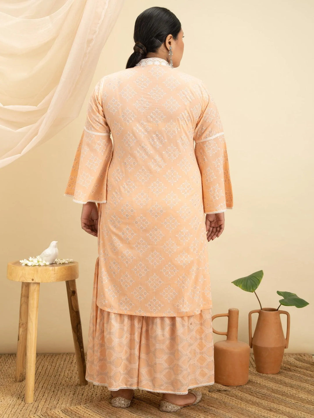 Plus Size Peach Printed Cotton Kurta Set - Libas 