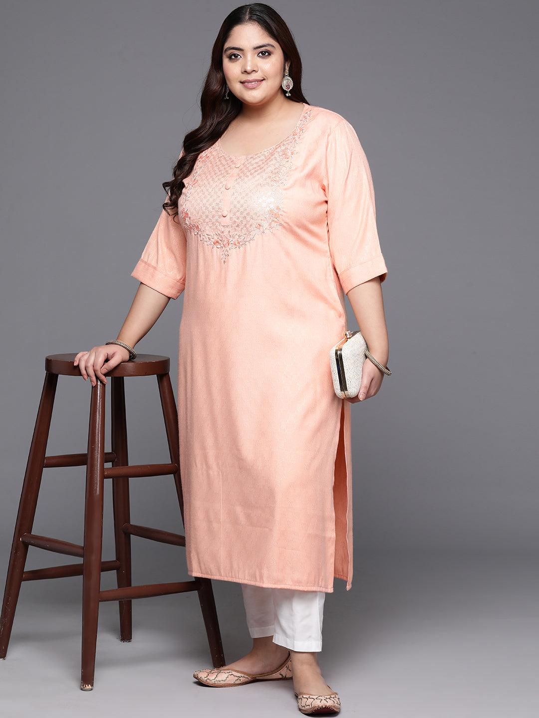 Plus Size Peach Printed Rayon Straight Kurta - Libas