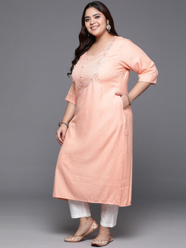 Plus Size Peach Printed Rayon Straight Kurta - Libas