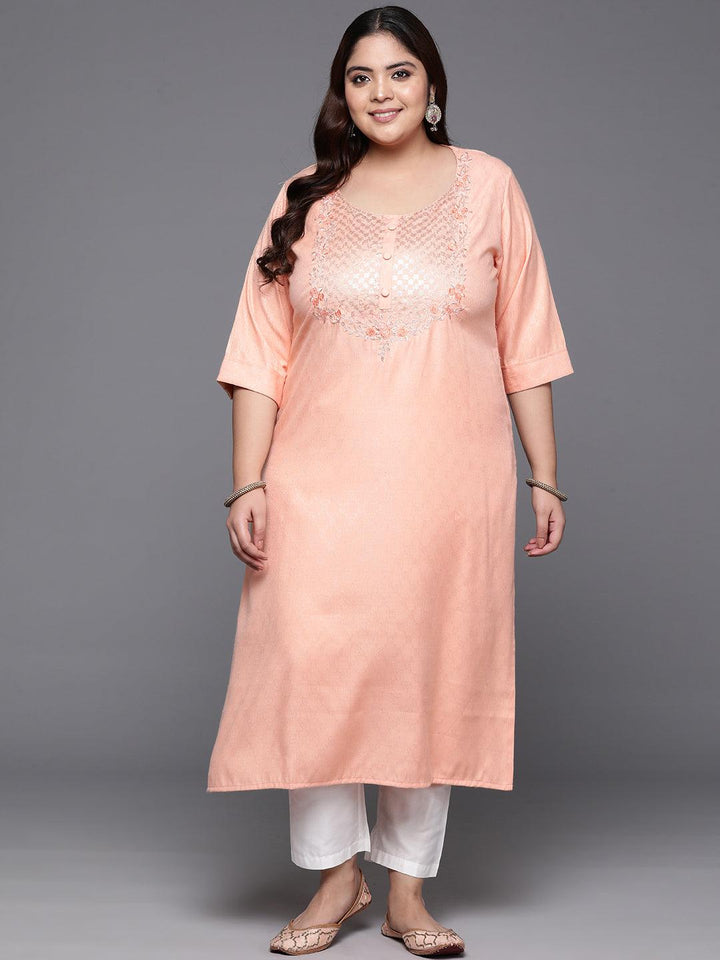 Plus Size Peach Printed Rayon Straight Kurta - Libas