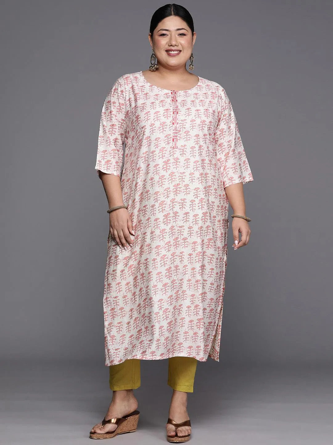 Plus Size Peach Printed Silk Straight Kurta - Libas