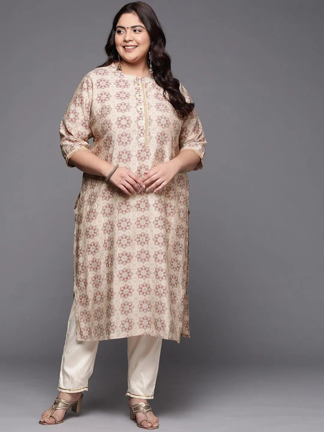 Plus Size Peach Printed Silk Straight Kurta - Libas