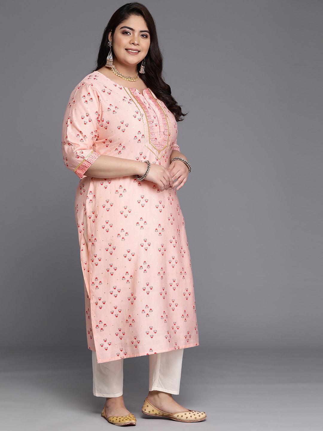 Plus Size Peach Printed Silk Straight Kurta - Libas