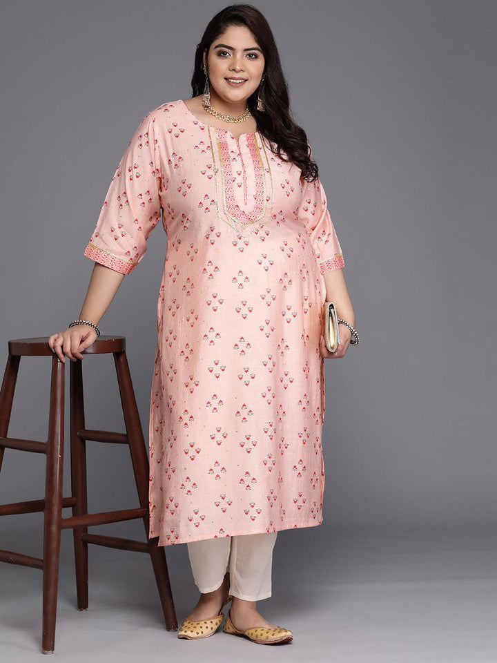 Plus Size Peach Printed Silk Straight Kurta - Libas