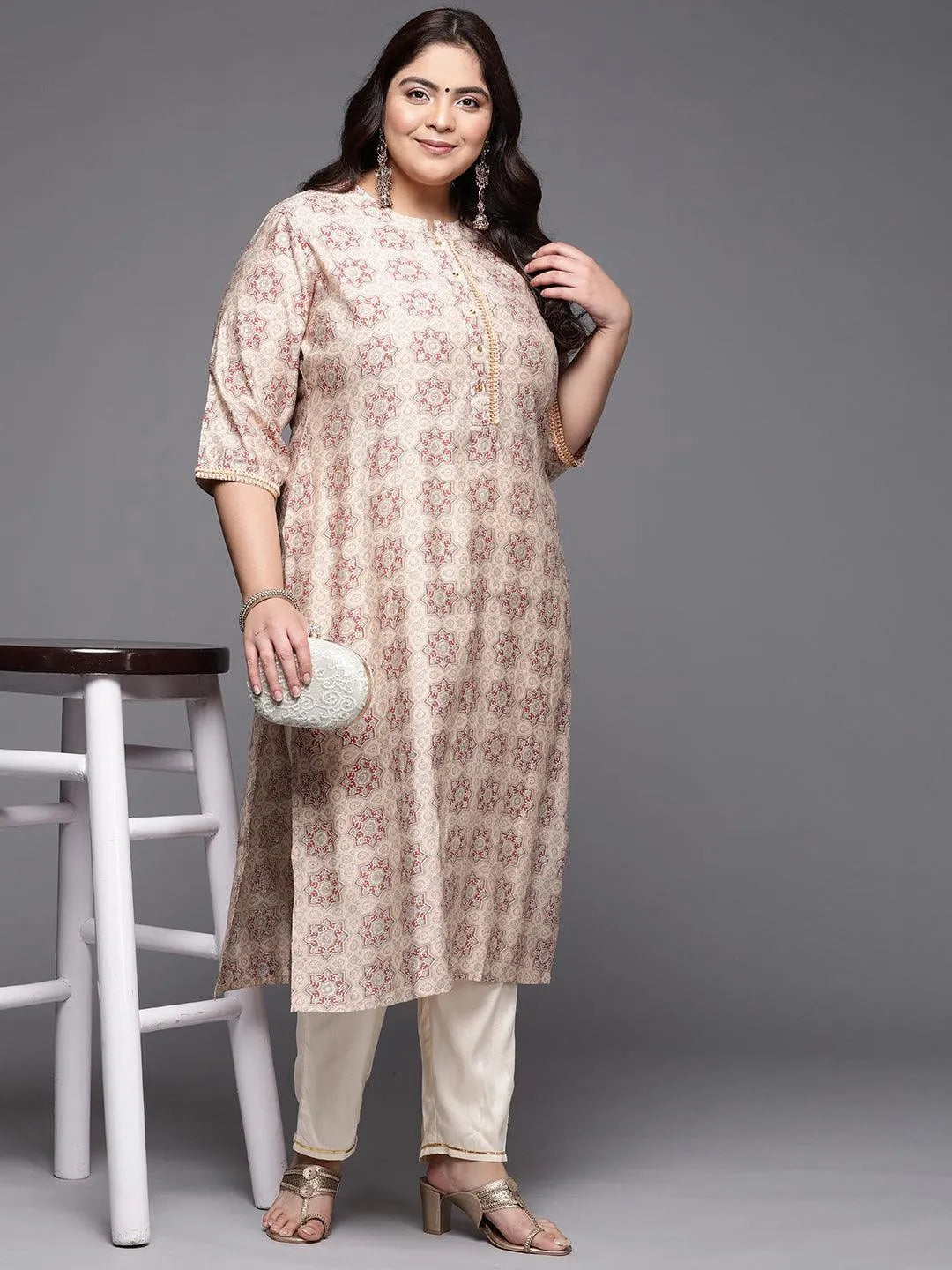 Plus Size Peach Printed Silk Straight Kurta - Libas