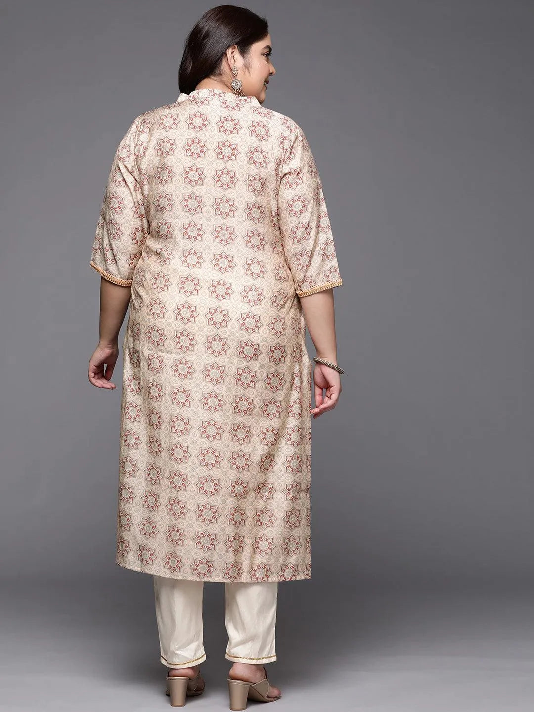 Plus Size Peach Printed Silk Straight Kurta - Libas