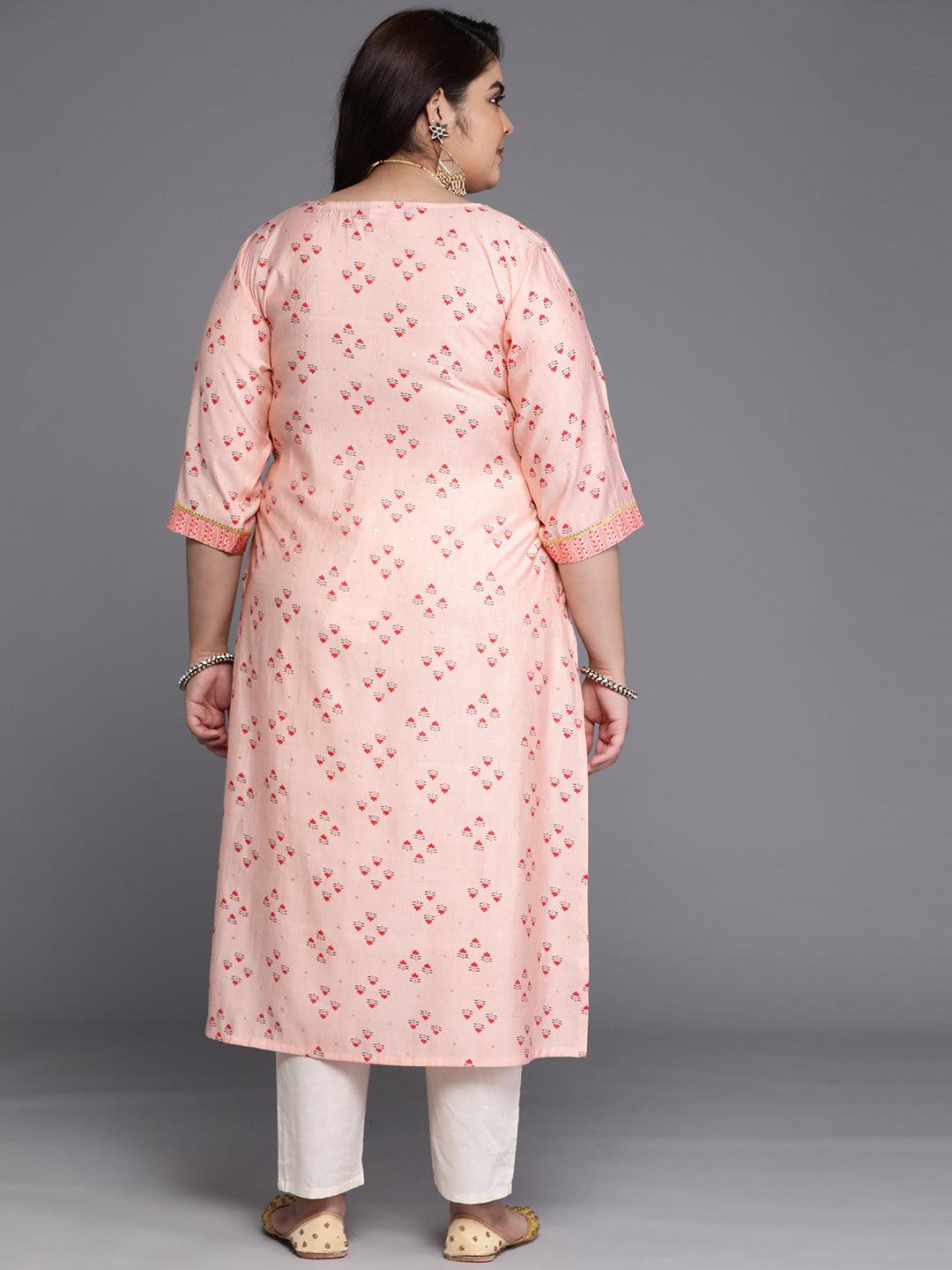 Plus Size Peach Printed Silk Straight Kurta - Libas