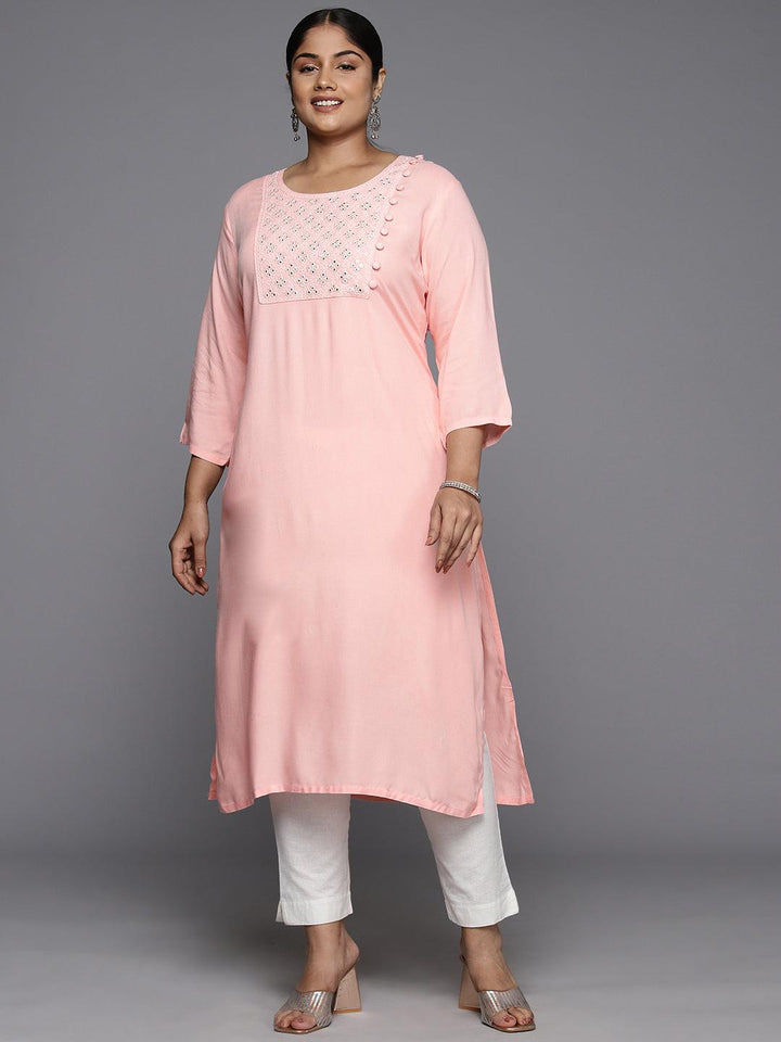 Plus Size Peach Rayon Yoke Design Straight Kurta - Libas