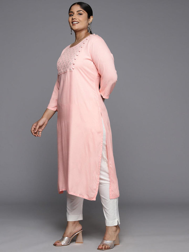 Plus Size Peach Rayon Yoke Design Straight Kurta - Libas