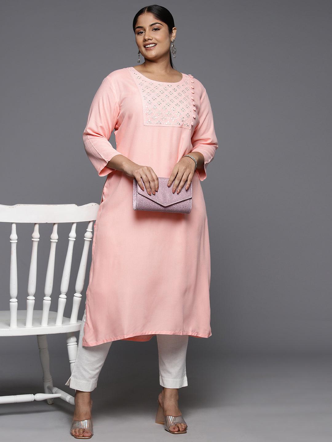 Plus Size Peach Rayon Yoke Design Straight Kurta - Libas