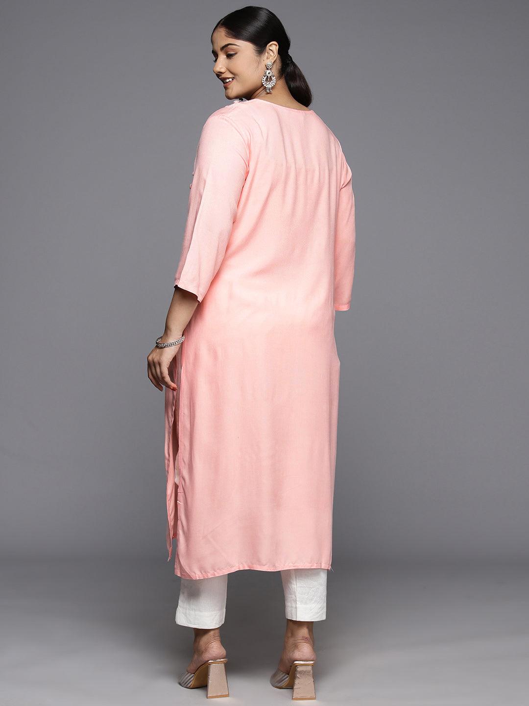 Plus Size Peach Rayon Yoke Design Straight Kurta - Libas