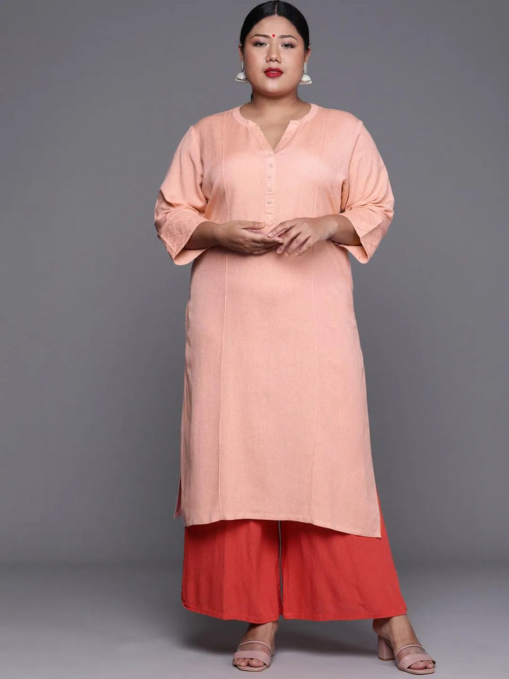 Plus Size Peach Solid Cotton Kurta - Libas