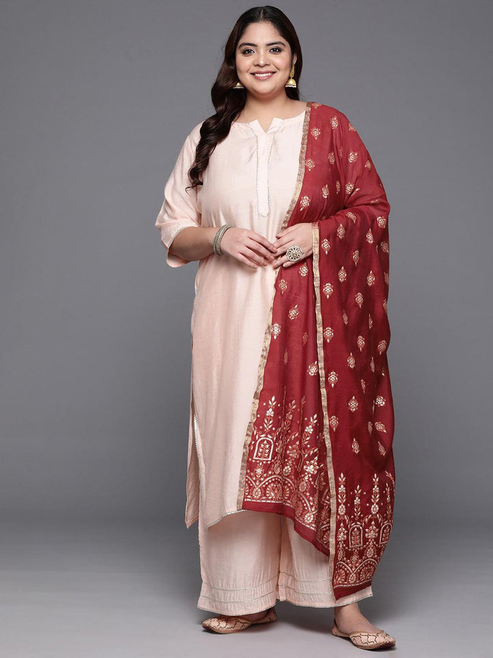 Plus Size Peach Solid Silk Blend Straight Kurta With Palazzos & Dupatta - Libas