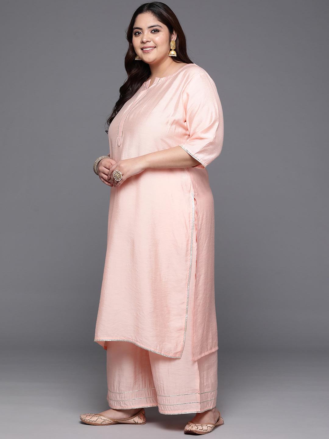 Plus Size Peach Solid Silk Blend Straight Kurta With Palazzos & Dupatta - Libas