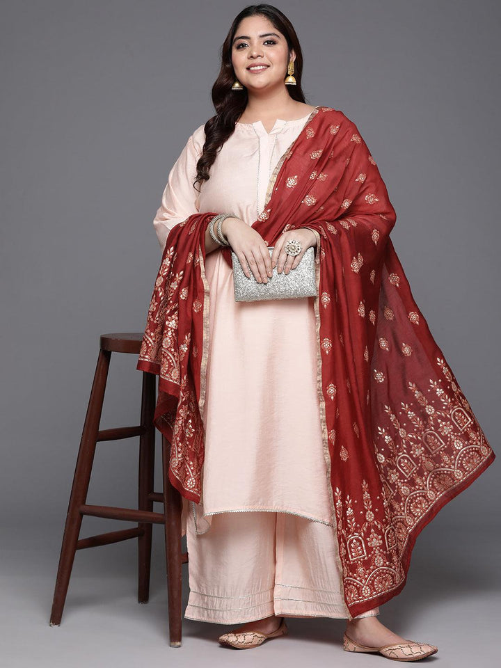 Plus Size Peach Solid Silk Blend Straight Kurta With Palazzos & Dupatta - Libas