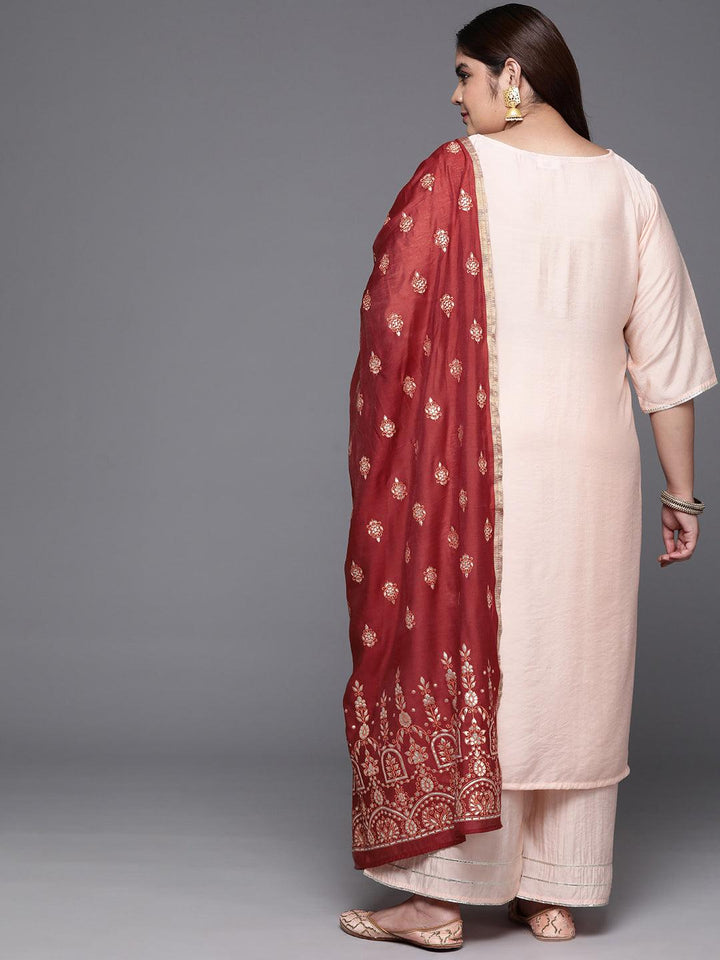 Plus Size Peach Solid Silk Blend Straight Kurta With Palazzos & Dupatta - Libas