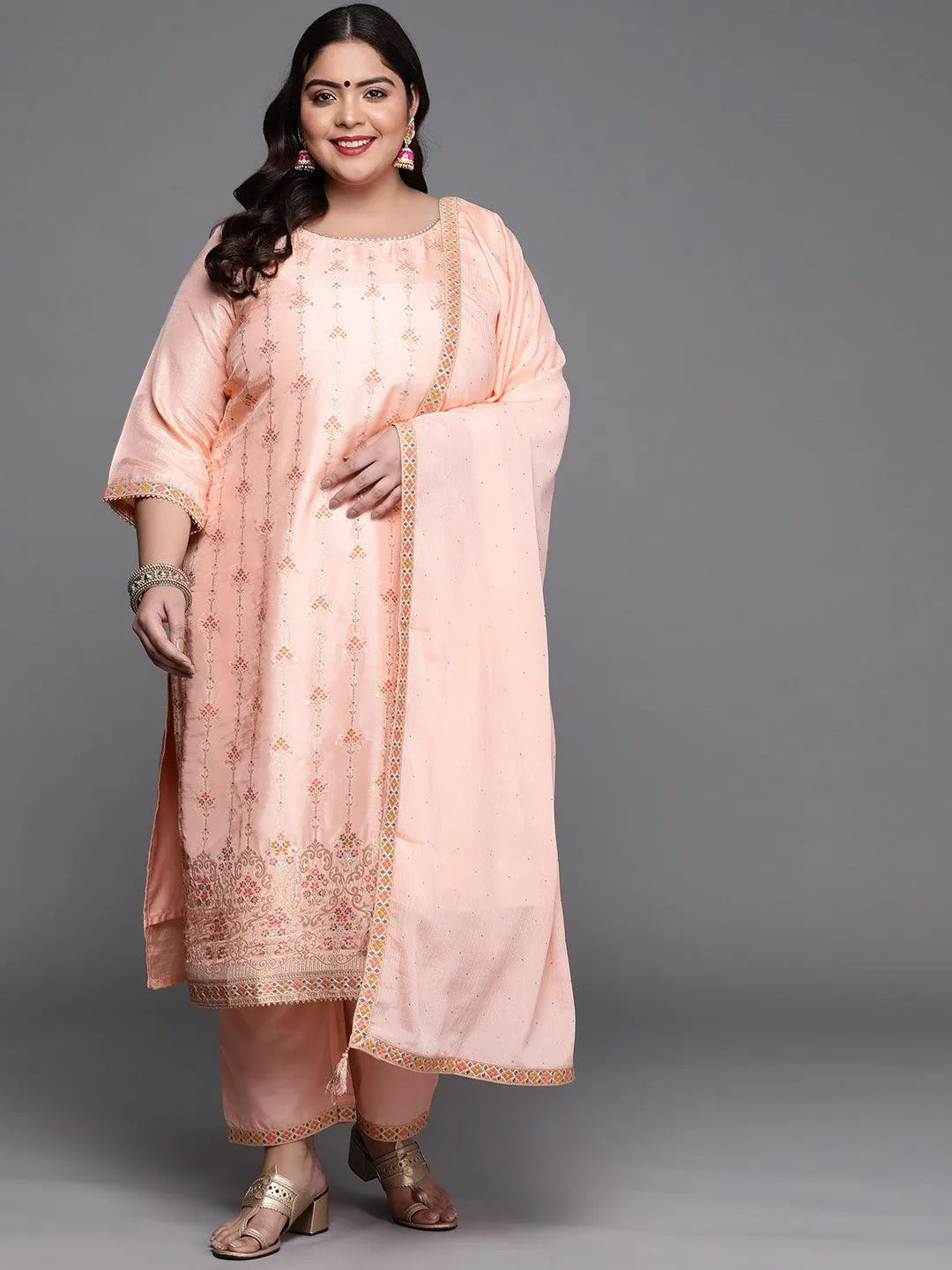 Plus Size Peach Woven Design Silk Blend Suit Set - Libas 