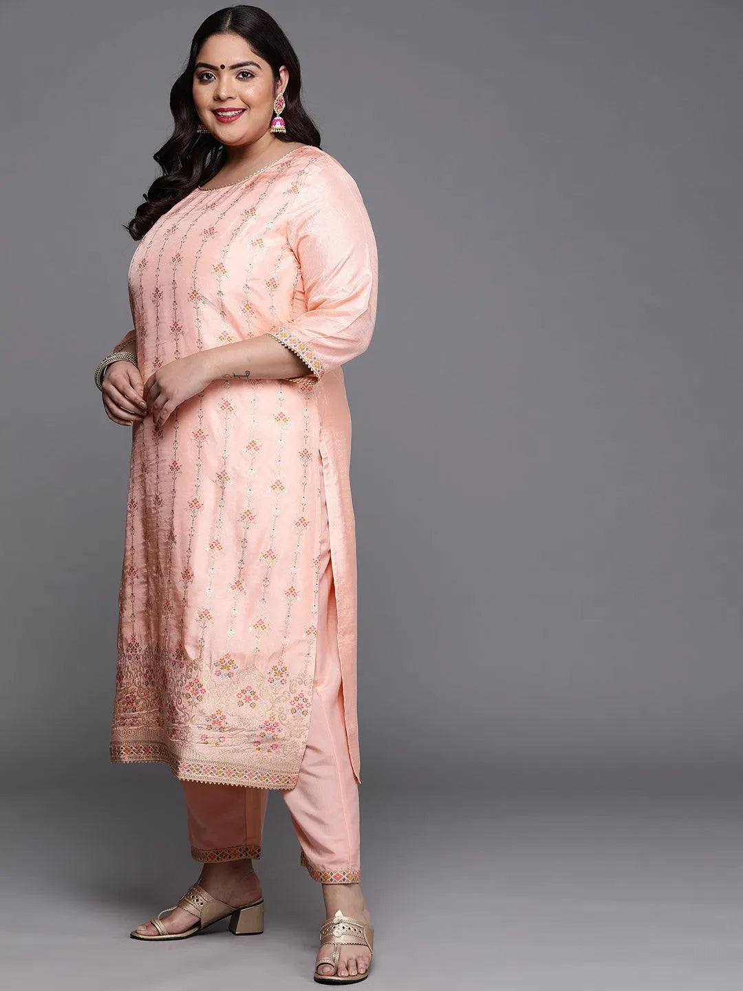 Plus Size Peach Woven Design Silk Blend Suit Set - Libas 