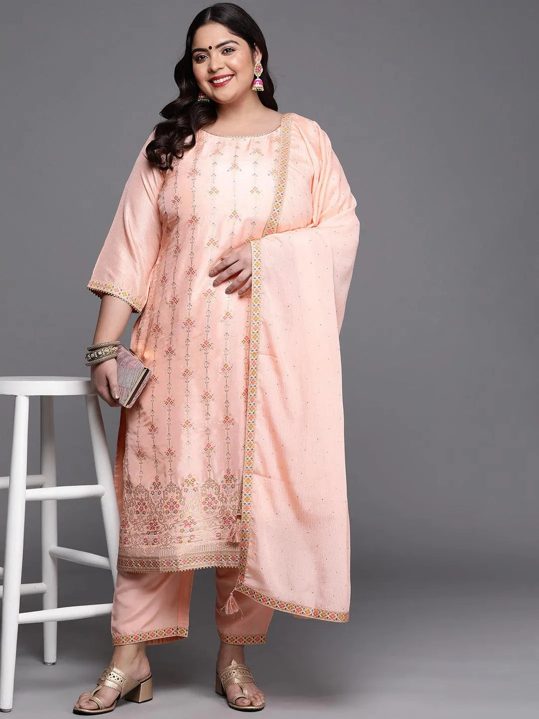 Plus Size Peach Woven Design Silk Blend Suit Set - Libas 