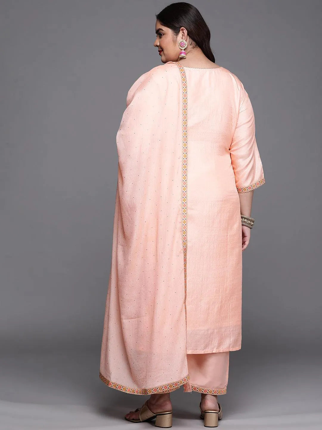 Plus Size Peach Woven Design Silk Blend Suit Set - Libas 