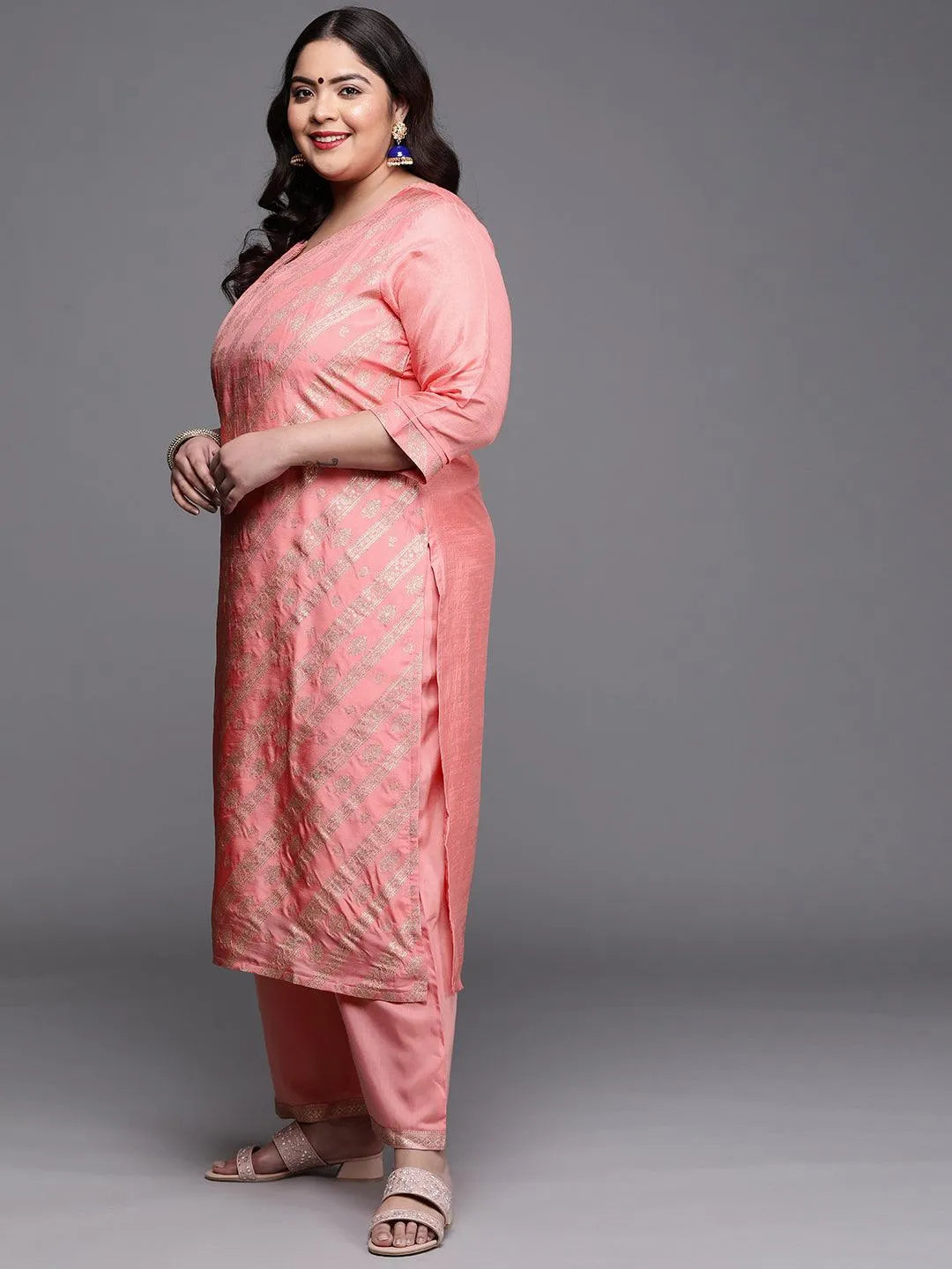 Plus Size Peach Woven Design Silk Blend Suit Set - Libas 