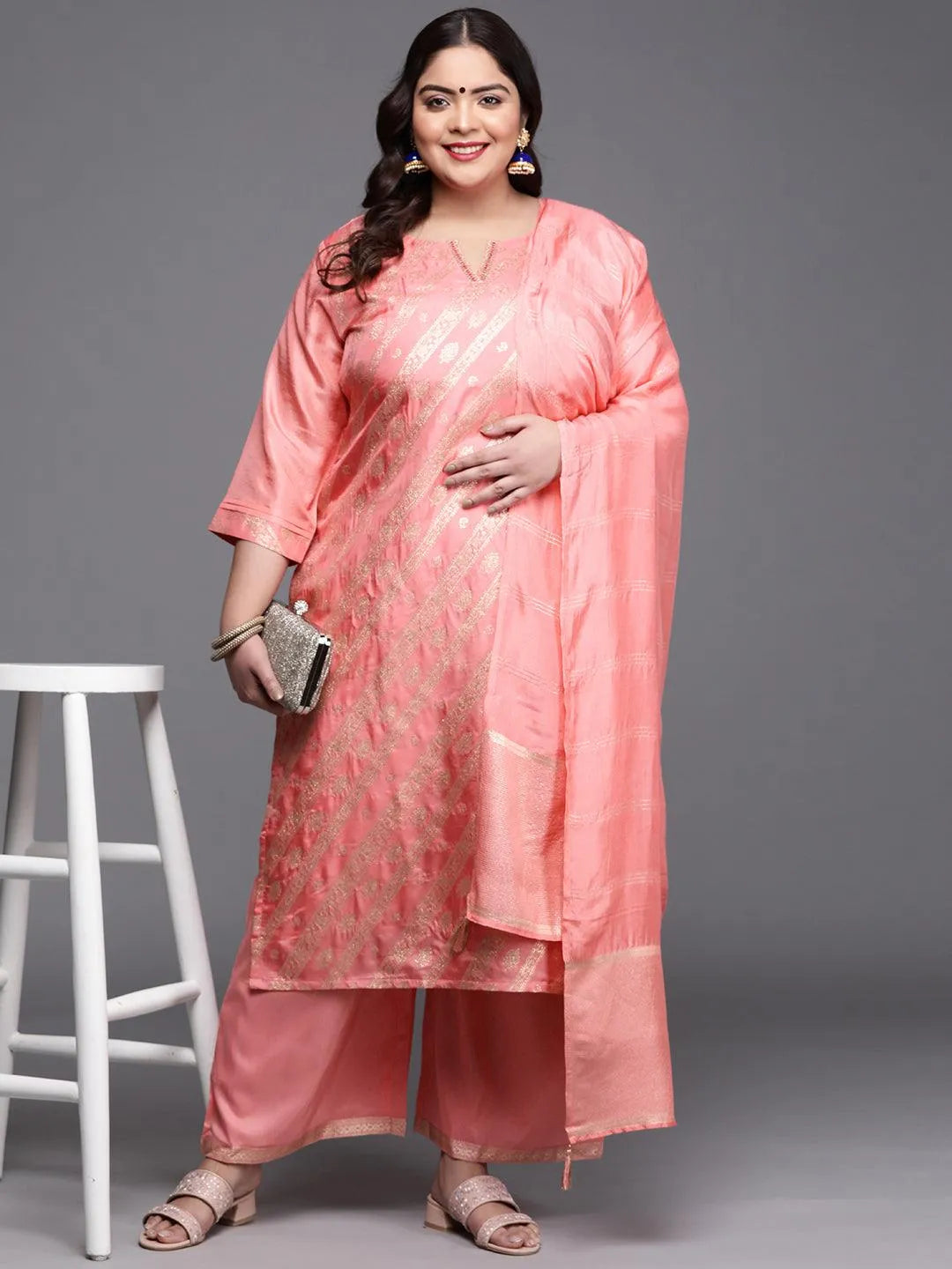 Plus Size Peach Woven Design Silk Blend Suit Set - Libas 