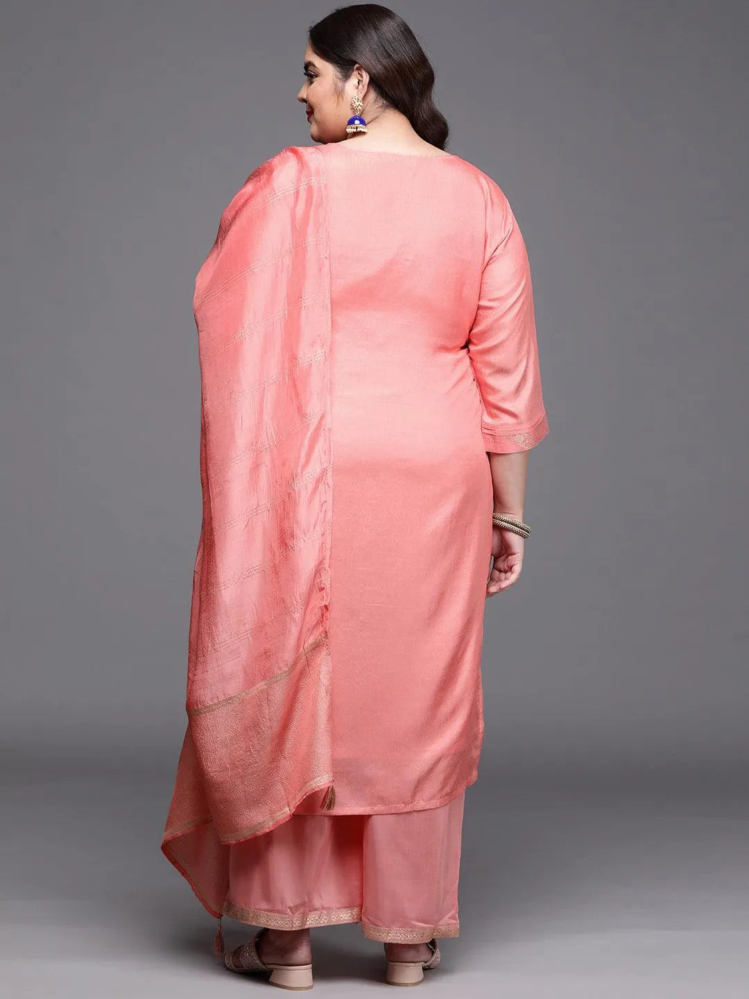 Plus Size Peach Woven Design Silk Blend Suit Set - Libas